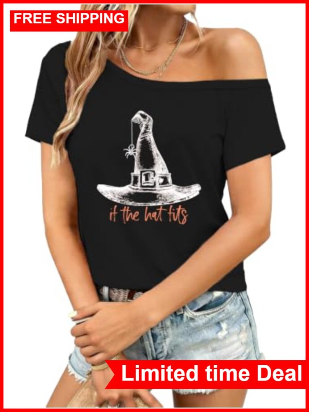 Off Shoulder Witch Hat Halloween T-Shirt for Women, Soft Stretch Tee